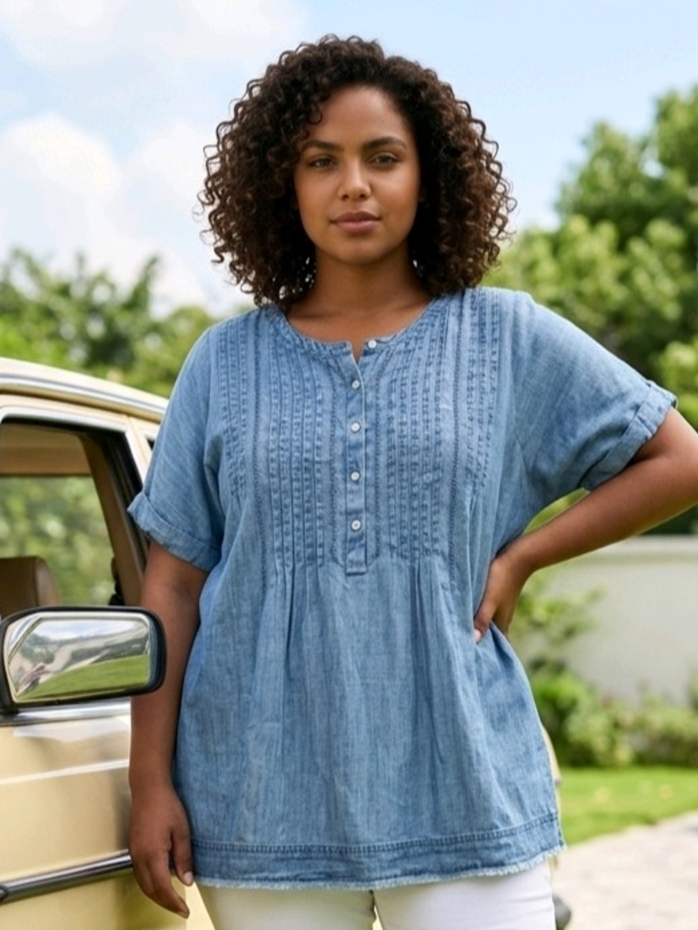 J.Jill Denim Light Blue Chambray Pintuck Tunic Top Vertical Pintuck Pleats XL